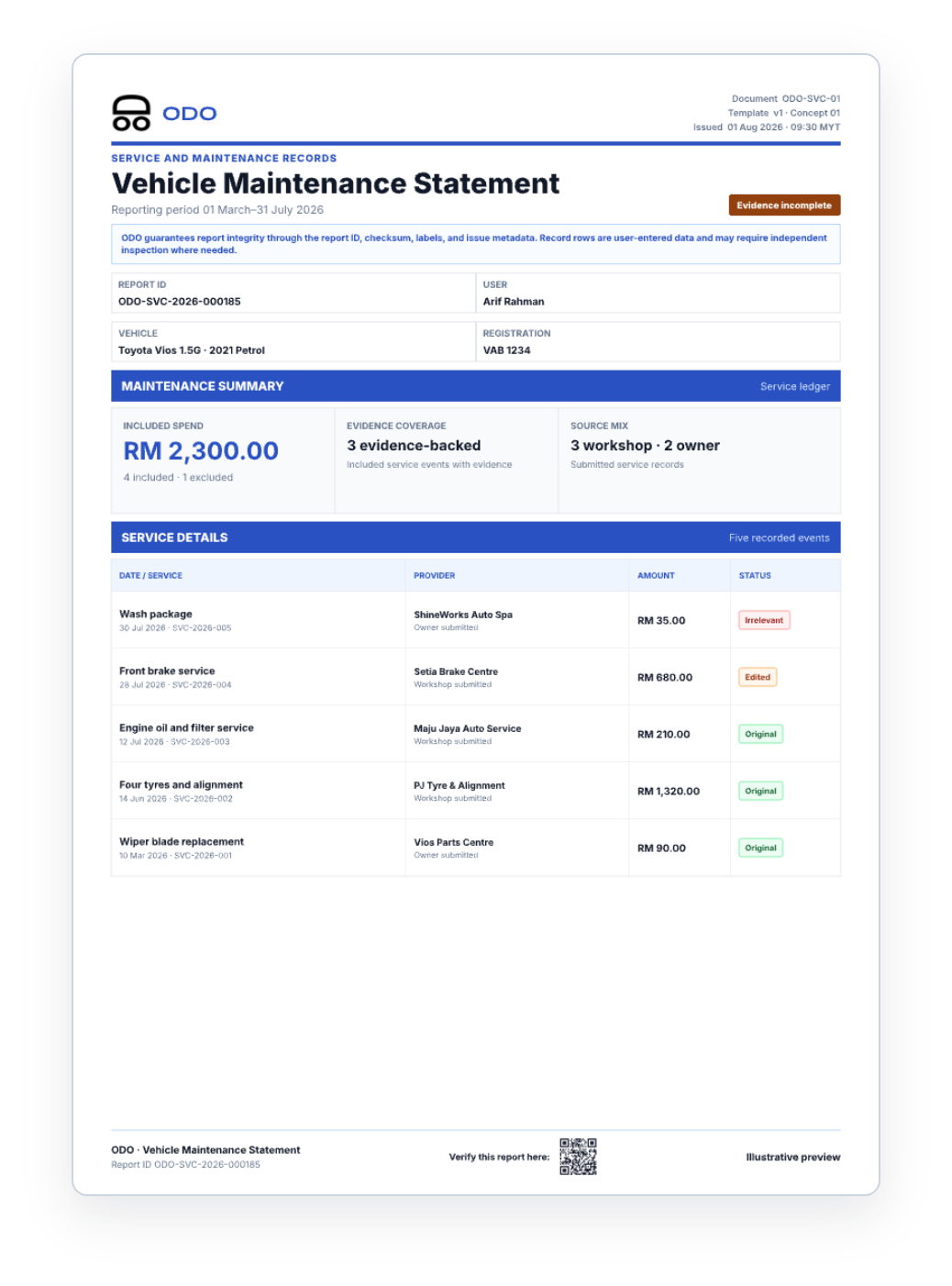 Vehicle Maintenance Statement