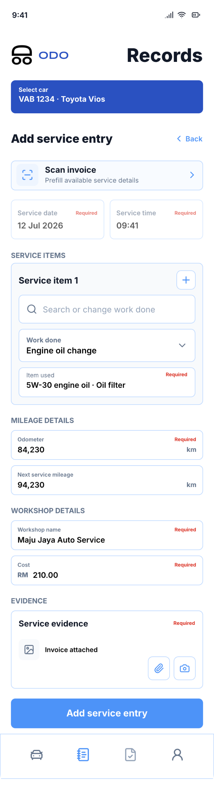 ODO add-service screen
