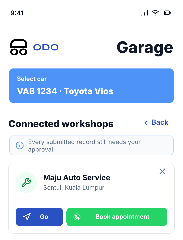 A Toyota Vios connected to Maju Auto Service in the ODO app