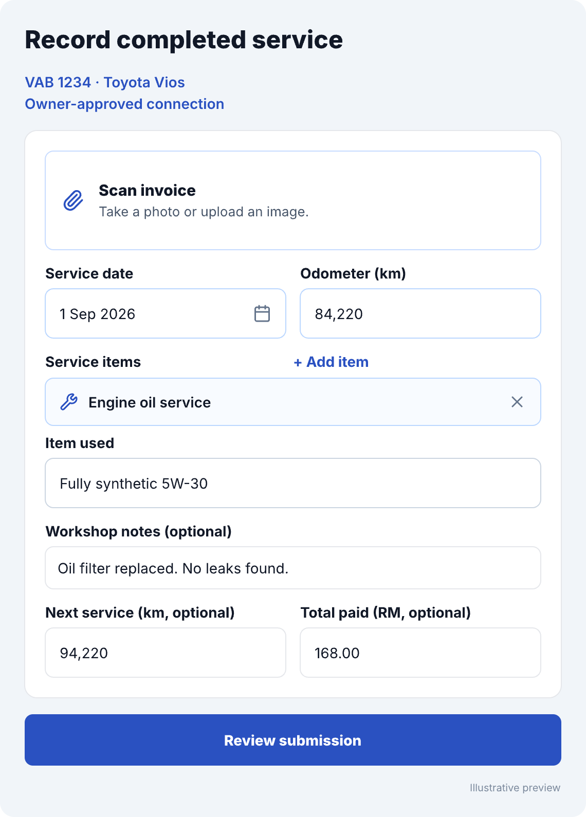 Illustrative ODO service form for Toyota Vios VAB 1234: scan an invoice, review service details, then review the submission.